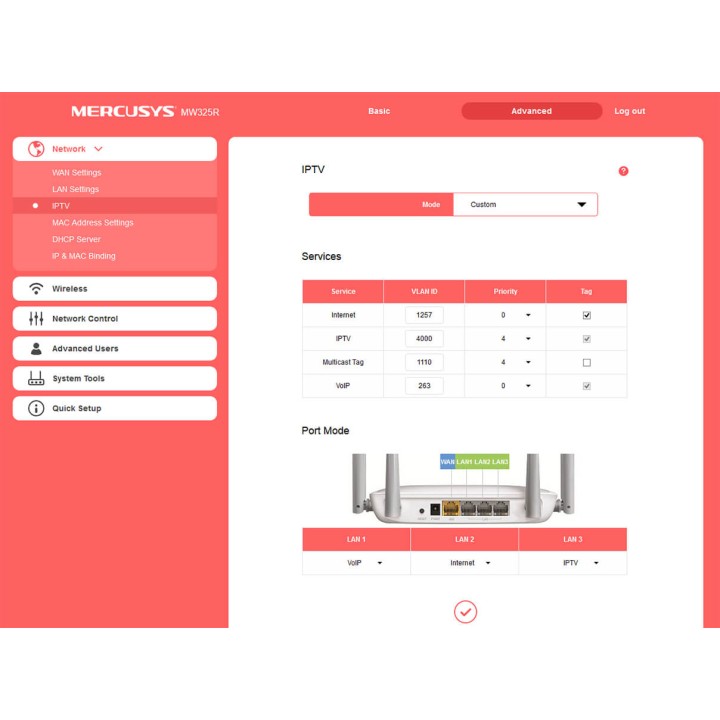 Mercusys MW325R wireless router 300Mb/s 2.4GHz 2T4R 4x FE