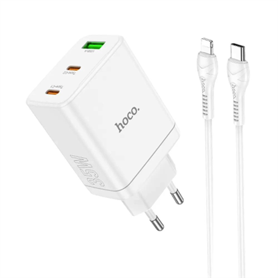 HOCO - CARICABATTERIE DA RETE PD QC3.0 3A 35W - 2*USB TYPE-C E 1 USB-A CON CAVO DI RICARICA TYPE-C A LIGHTNING - BIANCO