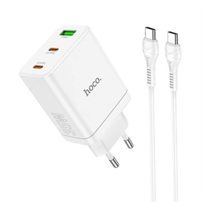 HOCO - CARICABATTERIE DA RETE PD QC3.0 3A 35W - 2*USB TYPE-C E 1 USB-A CON CAVO DI RICARICA TYPE-C A TYPE-C - BIANCO