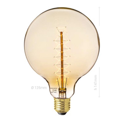 LAMPADINA CARBON E27, GLOBO G125, VETRO AMBRATO, 25W, 60 LM, COLORE CALDO 2000K, FILAMENTO VITE, CLASSE E, DIMMERABILE