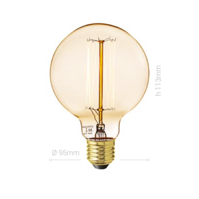 LAMPADINA CARBON, E27, GLOBO G95, VETRO AMBRATO, 25W, 60 LM, COLORE CALDO 2000K, FILAMENTO ONDA ERTICALE, CLASSE E, DIMMERABILE