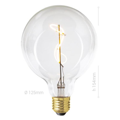 LAMPADINA LED, E27, GLOBO G125, VETRO CHIARO, 4W, 130 LM, COLORE CALDO 2200K, FILAMENTO ARTISTICO, CLASSE A, DIMMERABILE