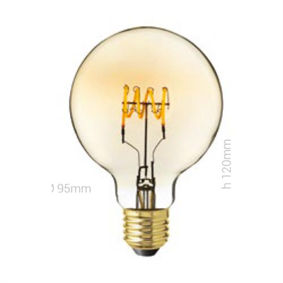 LAMPADINA LED, E27, GLOBO G95, VETRO AMBRATO, 4W, 130 LM, COLORE CALDO 2000K, FILAMENTO ONDA ORIZZONTALE, CLASSE A+, DIMMERABILE