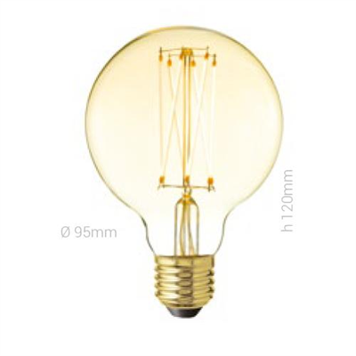 LAMPADINA LED, E27, GLOBO G95, VETRO AMBRATO, 4W, 130 LM, COLORE CALDO 2000K, FILAMENTO ONDA VERTICALE, CLASSE A+, DIMMERABILE