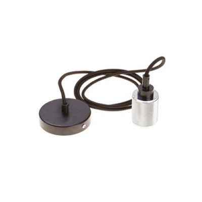 PENDENTE ASSEMBLATO 2M, PORTALAMPADA E27 IN METALLO MODERNO ARGENTO, ROSONE NERO Ø 100MM H 35MM, CAVO TONDO 3X0,75 NERO