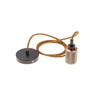 PENDENTE ASSEMBLATO 2M, PORTALAMPADA MODERNO E27 IN METALLO COLORE BRONZO LUCIDO, ROSONE NERO Ø 100MM H 35MM, CAVO TONDO 3X0,75 