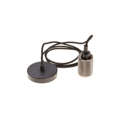 Pendente assemblato 2m, portalampada moderno E27 in metallo colore canna di fucile lucido, rosone nero Ø 100mm h 35mm, cavo tond