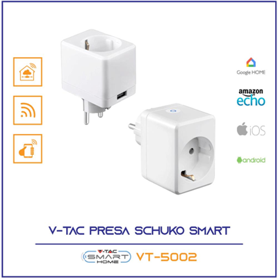 V-TAC SMART VT-5002 PRESA 10A SCHUKO E USB WI-FI CON SPINA SCHUKO - SKU 8416