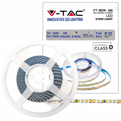 V-TAC STRISCIA LED SMD 2835 MONOCOLORE 8W/M 120 LED/M 24V - BIANCO CALDO 3000K - BOBINA 5M - SKU 212593