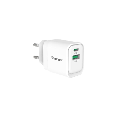 CARICATORE ADATTATORE UNIVERSALE VULTECH CC33-1C1A 1 PORTA TYPE-C PD30+ 1 PORTA USB QC3.0 GAN PPS 33W- BIANCO DIMENSIONI COMPATT