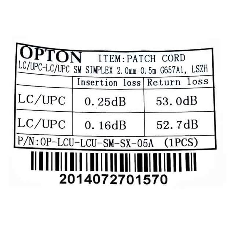 Fibra ottica Patchcord LC/UPC-LC/UPC SM simplex 2mm 0.5m G657A1 OP-LCU-LCU-SM-SX-05A