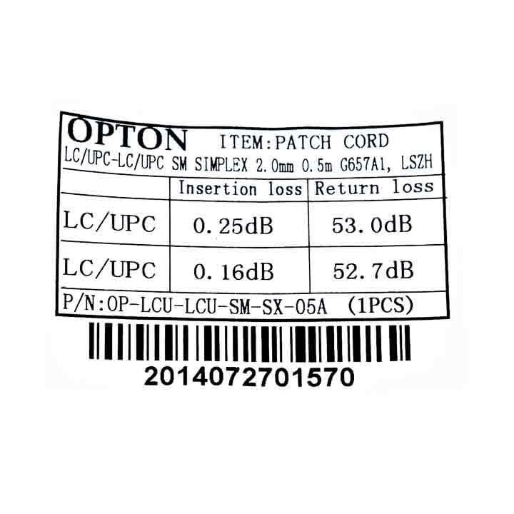 Fibra ottica Patchcord LC/UPC-LC/UPC SM simplex 2mm 0.5m G657A1 OP-LCU-LCU-SM-SX-05A