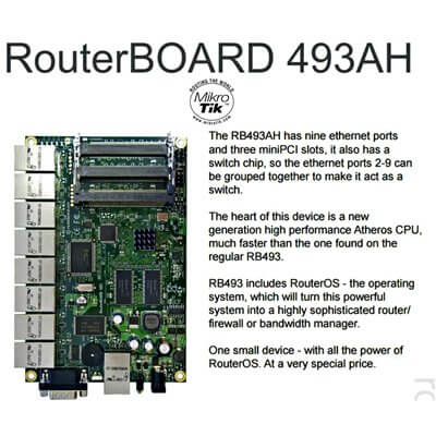 RouterBOARD RB493AH, 9x LAN, 3x MiniPCI, 128MB SD-RAM i 64MB FLASH