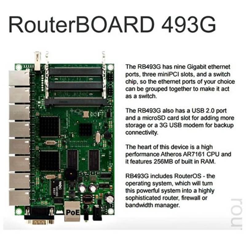 RouterBOARD 493G, 9x LAN, 3x MiniPCI, 1x USB, 256MB DDR SD-RAM i 64MB FLASH