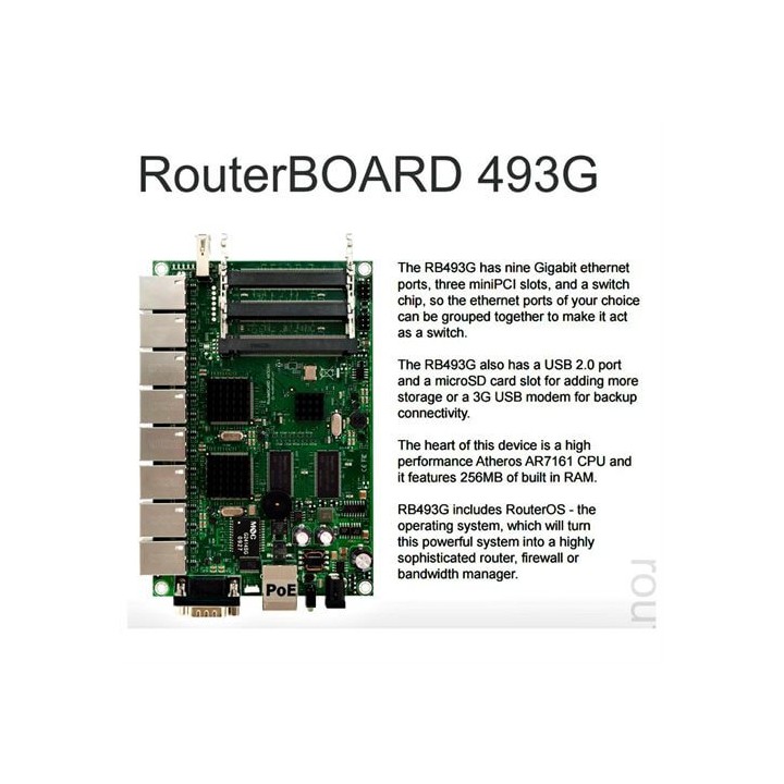 RouterBOARD 493G, 9x LAN, 3x MiniPCI, 1x USB, 256MB DDR SD-RAM i 64MB FLASH