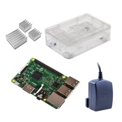 Raspberry Pi 3 Kit con Alimentatore Ufficiale, Case TRASPARENTE  e Dissipatori (E14)