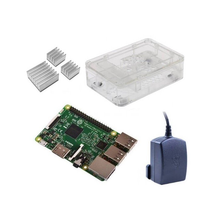 Raspberry Pi 3 Kit con Alimentatore Ufficiale, Case TRASPARENTE  e Dissipatori (E14)