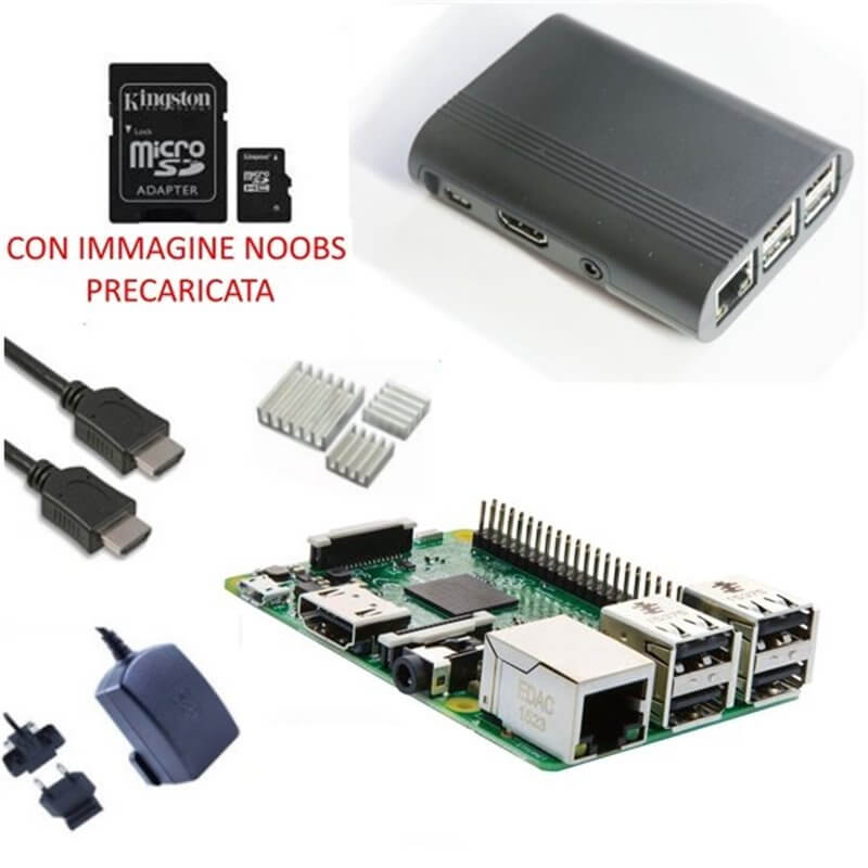 Raspberry Pi 3 Kit con con Alimentatore, Case, SD, HDMI e Dissipatori (E19)